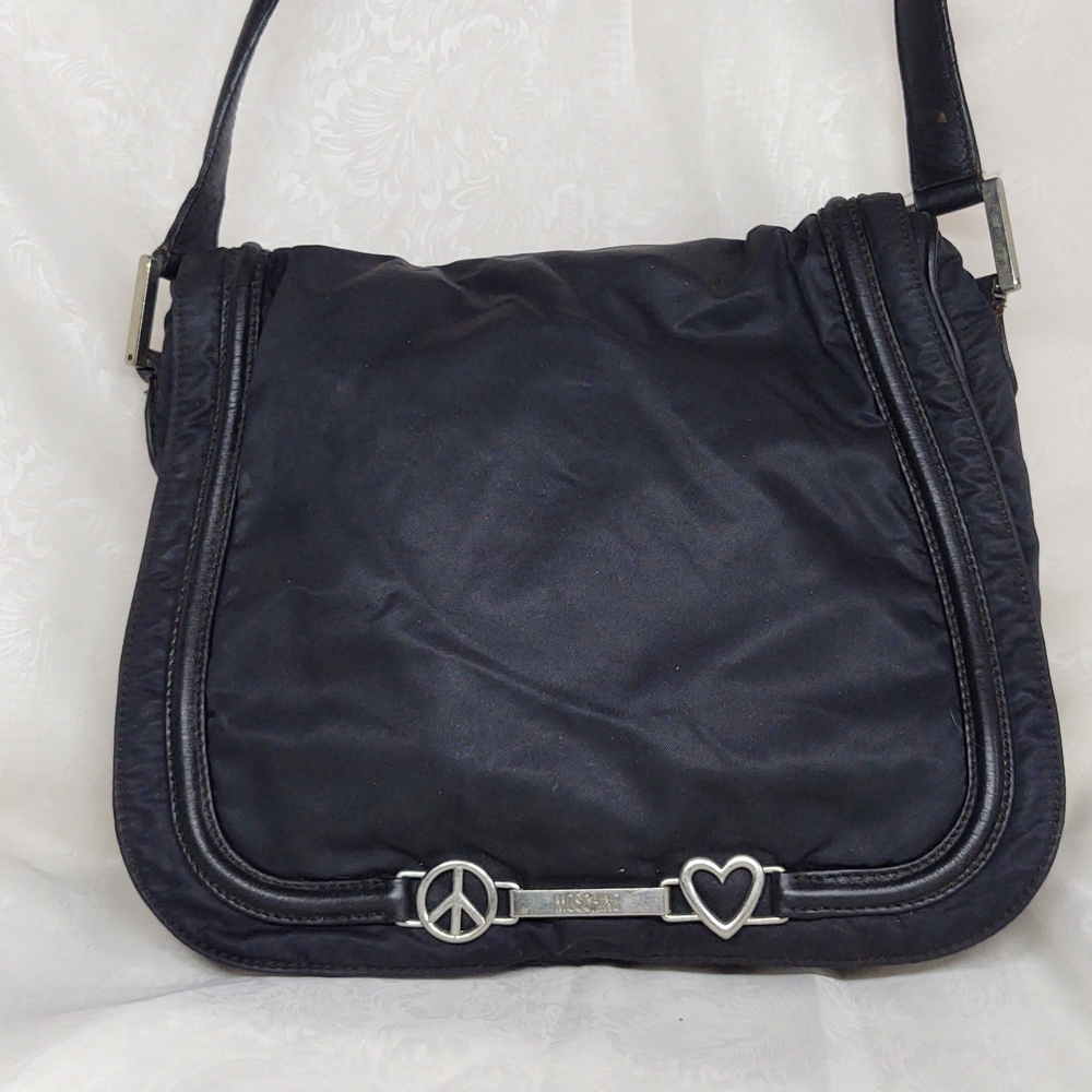 Moschino Black Shoulder Bag with Peace and Heart Accents